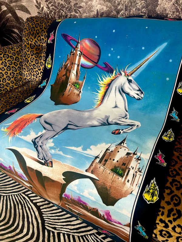 Vintage 1980’s Unicorn Space Floating City Fantasy Cotton Tapestry Wall Hanging 54”x35”