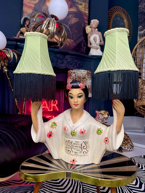 Mid Century Geisha Girl Chalkware Wall Mount Twin Bulb Lamp Cream Gown Green Fringed Lampshades