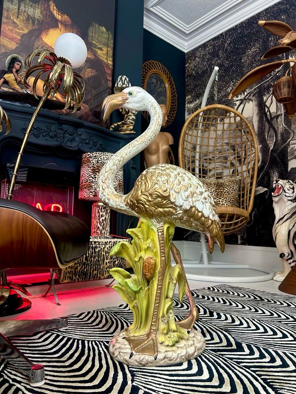 Mid Century 1960’s Hollywood Regency Belle Epoque Revival Italian Ceramic White Flamingo Statue 33”