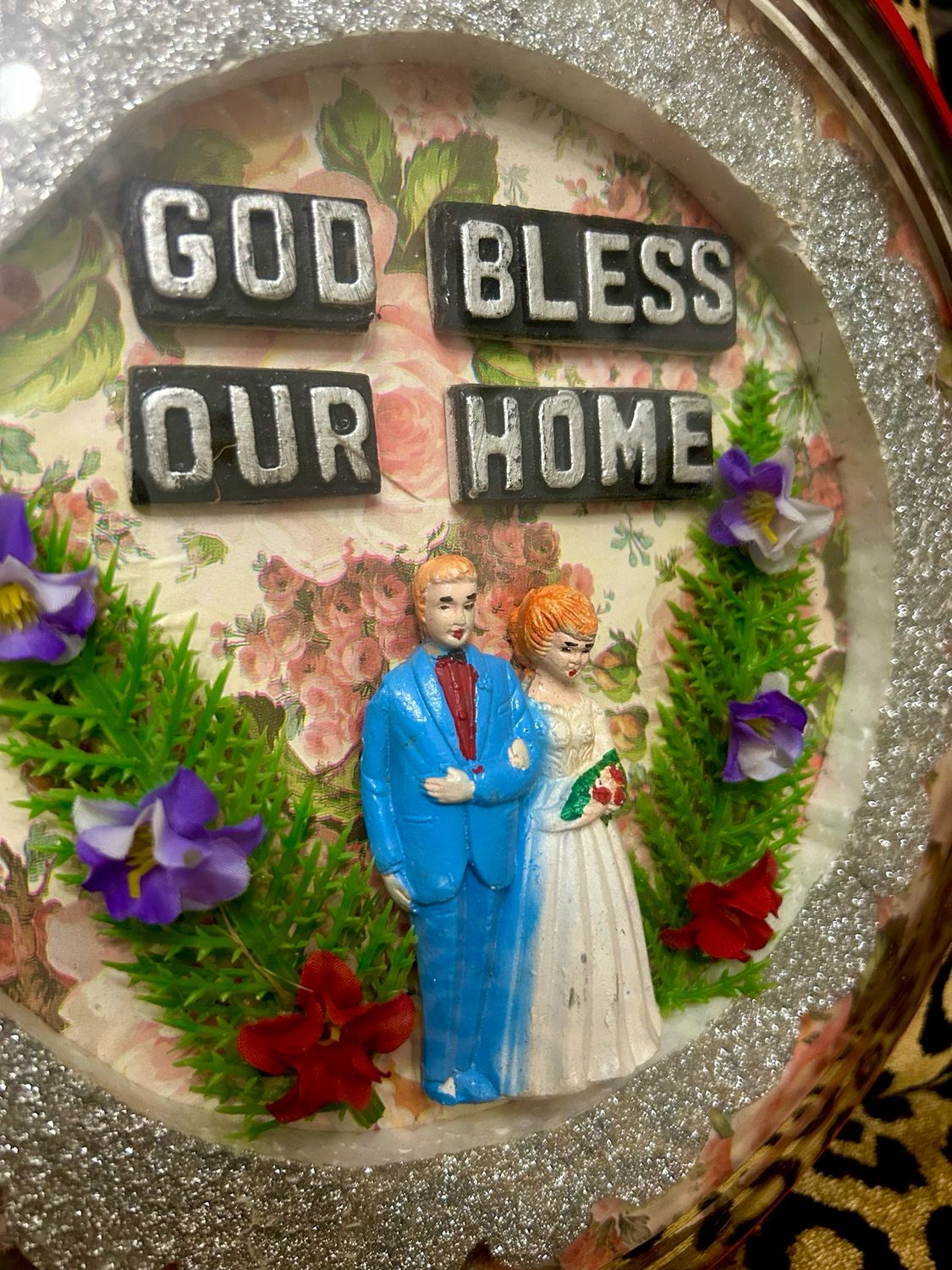 Mid Century Americana Kitsch Convex Mirrored Glass "God Bless Our Home" Wedding Diorama Plaque 11.5”
