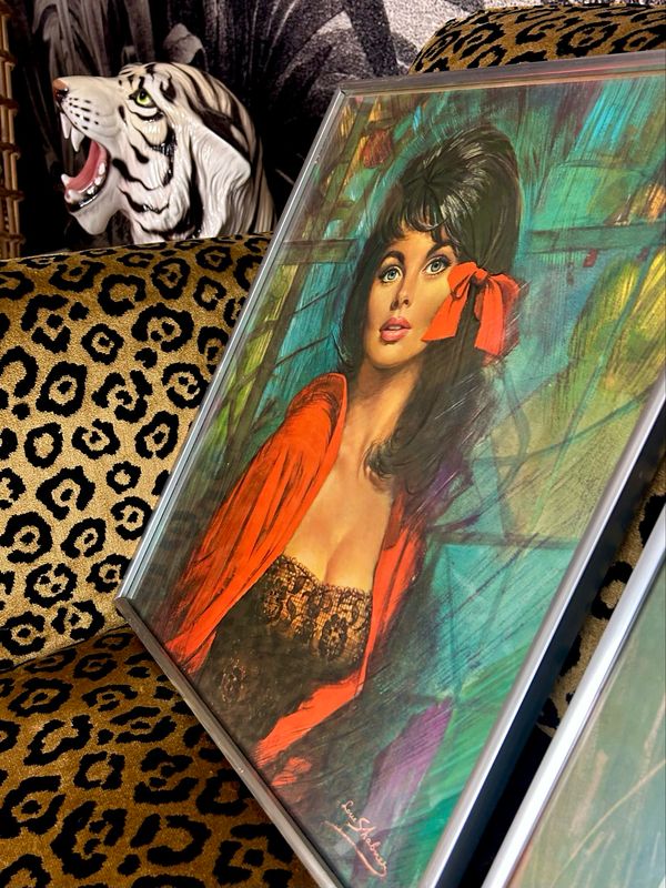 Mid Century Louis Shabner Bond Girl “Melanie” Silver Metal Frame Glazed Original Print IMMACULATE 18”x15”