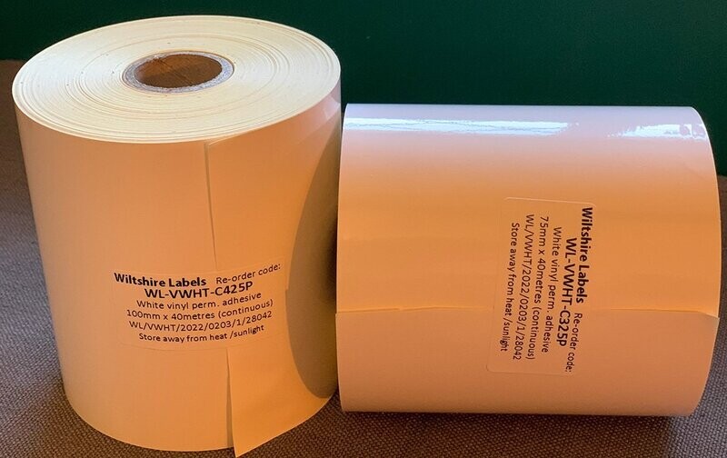 Premium White vinyl permanent adhesive - continuous 100mmx40m on 25mm core
