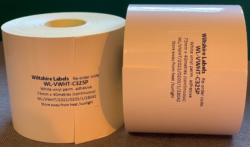 Premium White vinyl permanent adhesive - continuous 75mmx40m on 25mm core