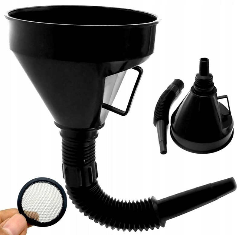 Flexible funnel for fuel, oil with a strainer