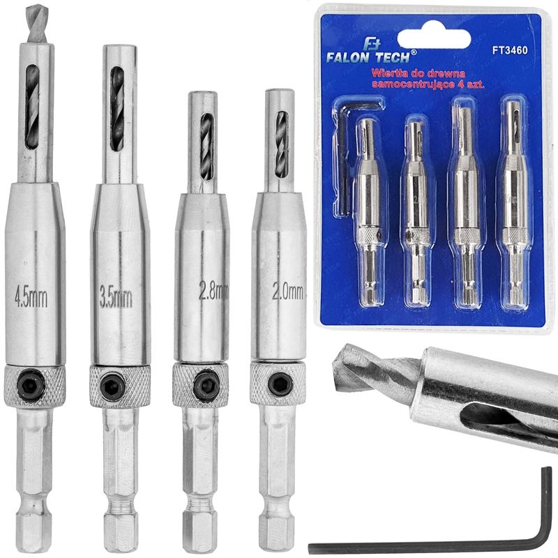Self-centering drill bits for hinges