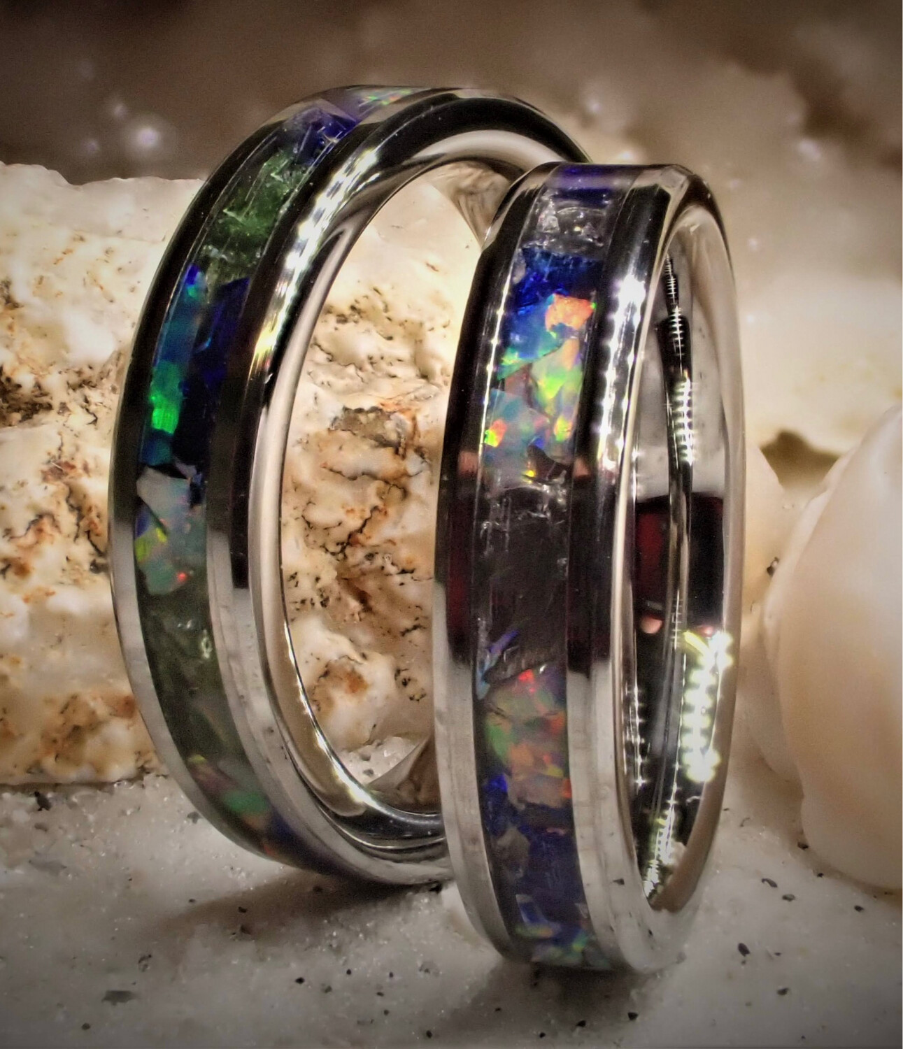 Tungsten Ring Inlaid with Sea Glass & Opals