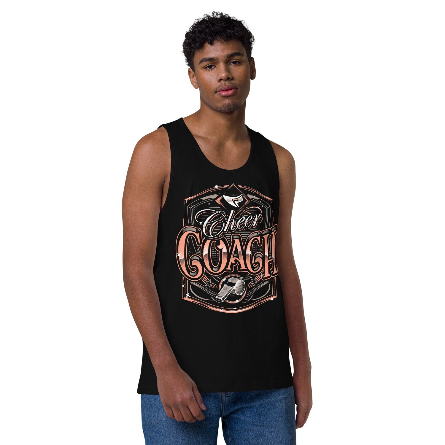 Men’s Premium Tank Top (Cheer Coach Royal), Color: Black, Size: S