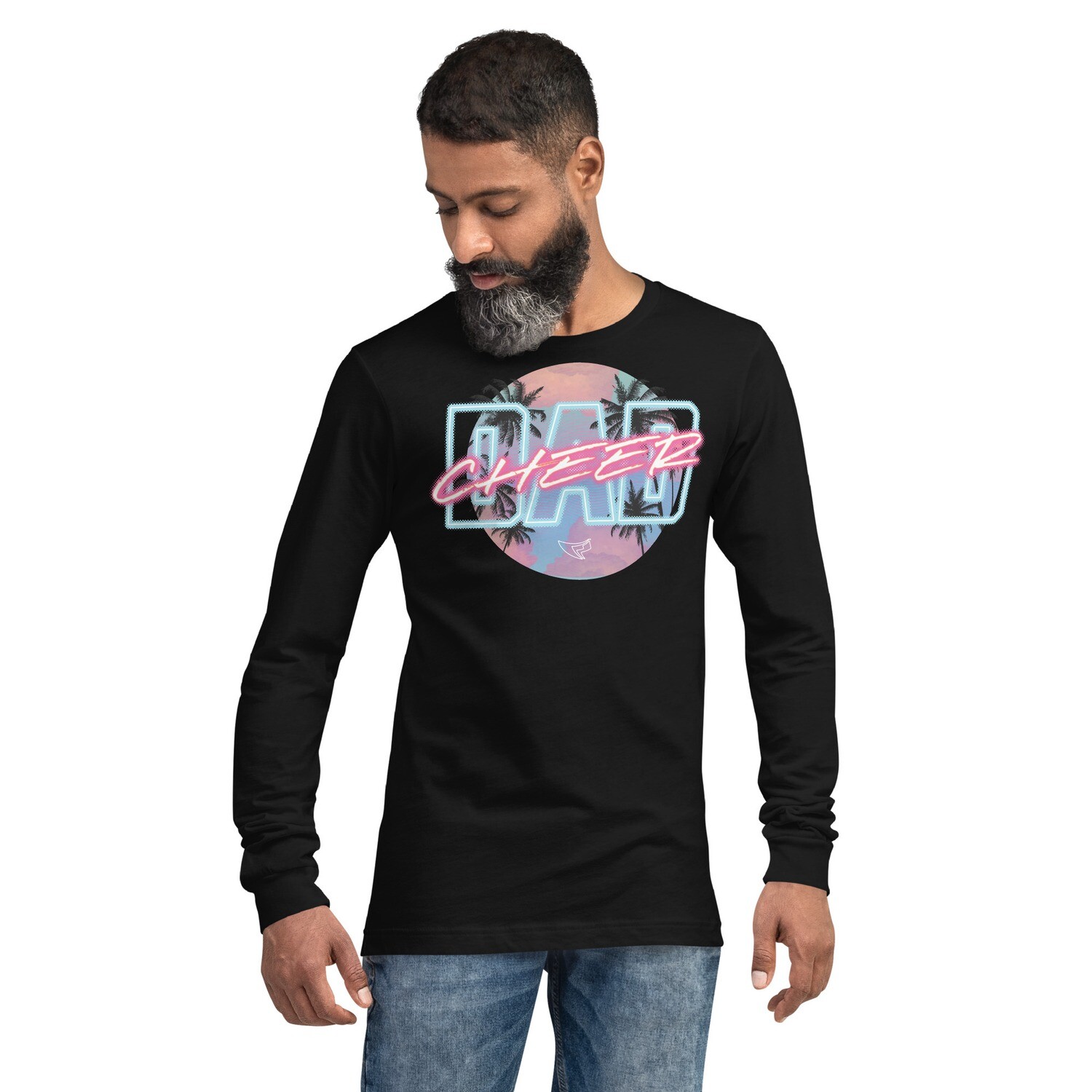 Unisex Long Sleeve Tee (Neon Cheer Dad), Color: Black, Size: XS