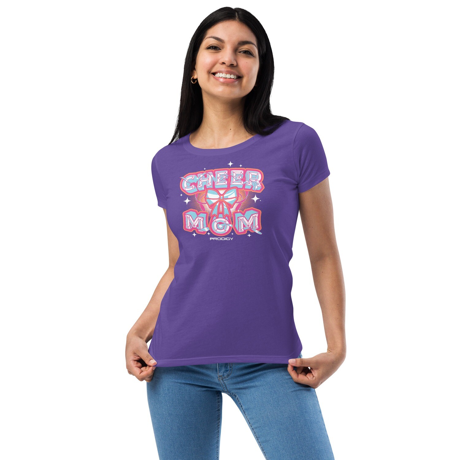 Women’s Fitted T-shirt (Cheer Mom Bow), Color: Purple Rush, Size: XS