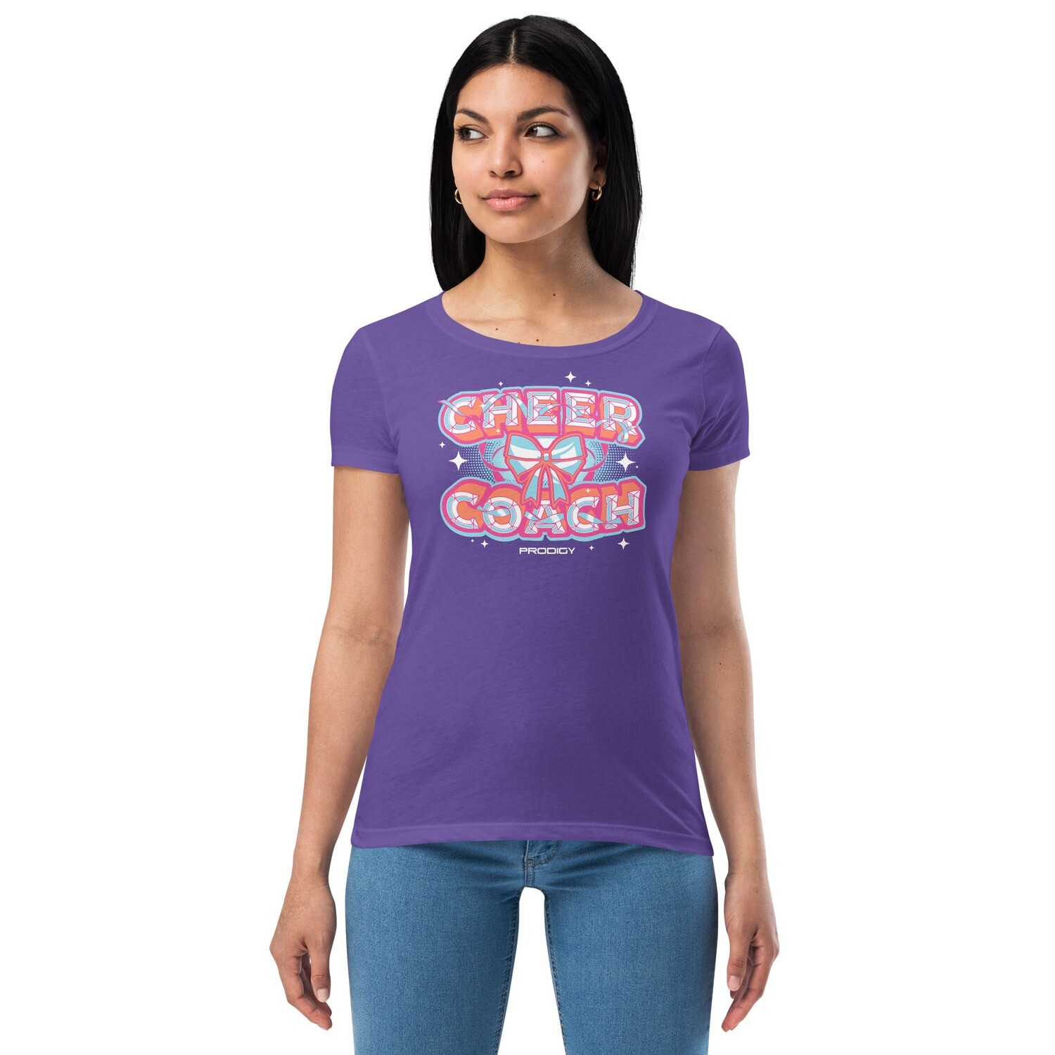 Women’s Fitted T-shirt (Cheer Coach Bow) Women’s Fitted T-shirt (Cheer Coach Bow), Color: Purple Rush, Size: XS