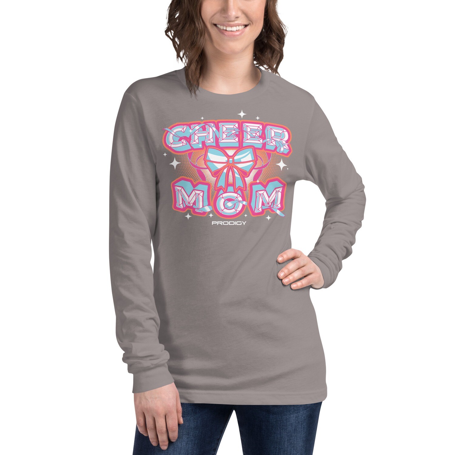 Unisex Long Sleeve Tee (Cheer Mom Bow), Color: Storm, Size: XS