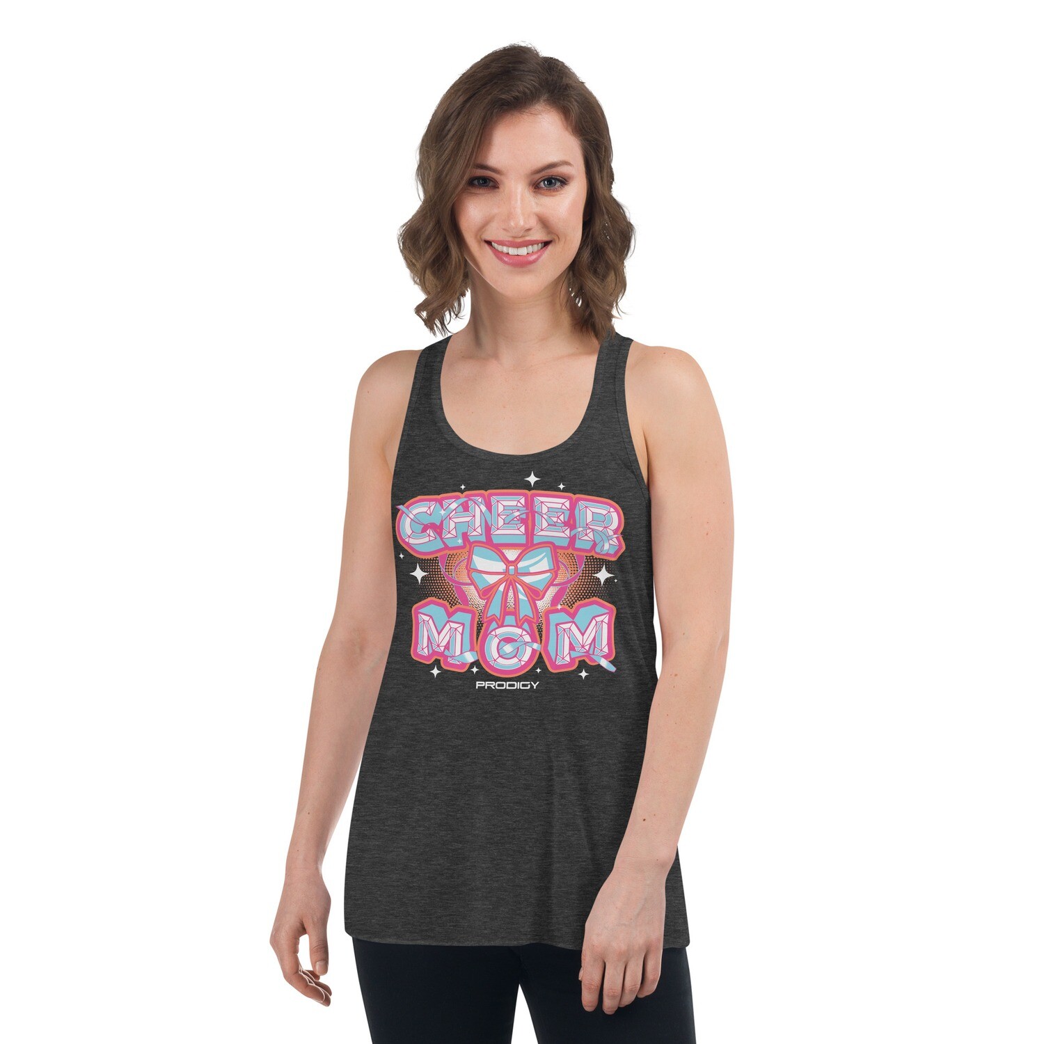 Women's Flowy Racerback Tank (Cheer Mom Bow) Women's Flowy Racerback Tank (Cheer Mom Bow), Color: Dark Grey Heather, Size: XS