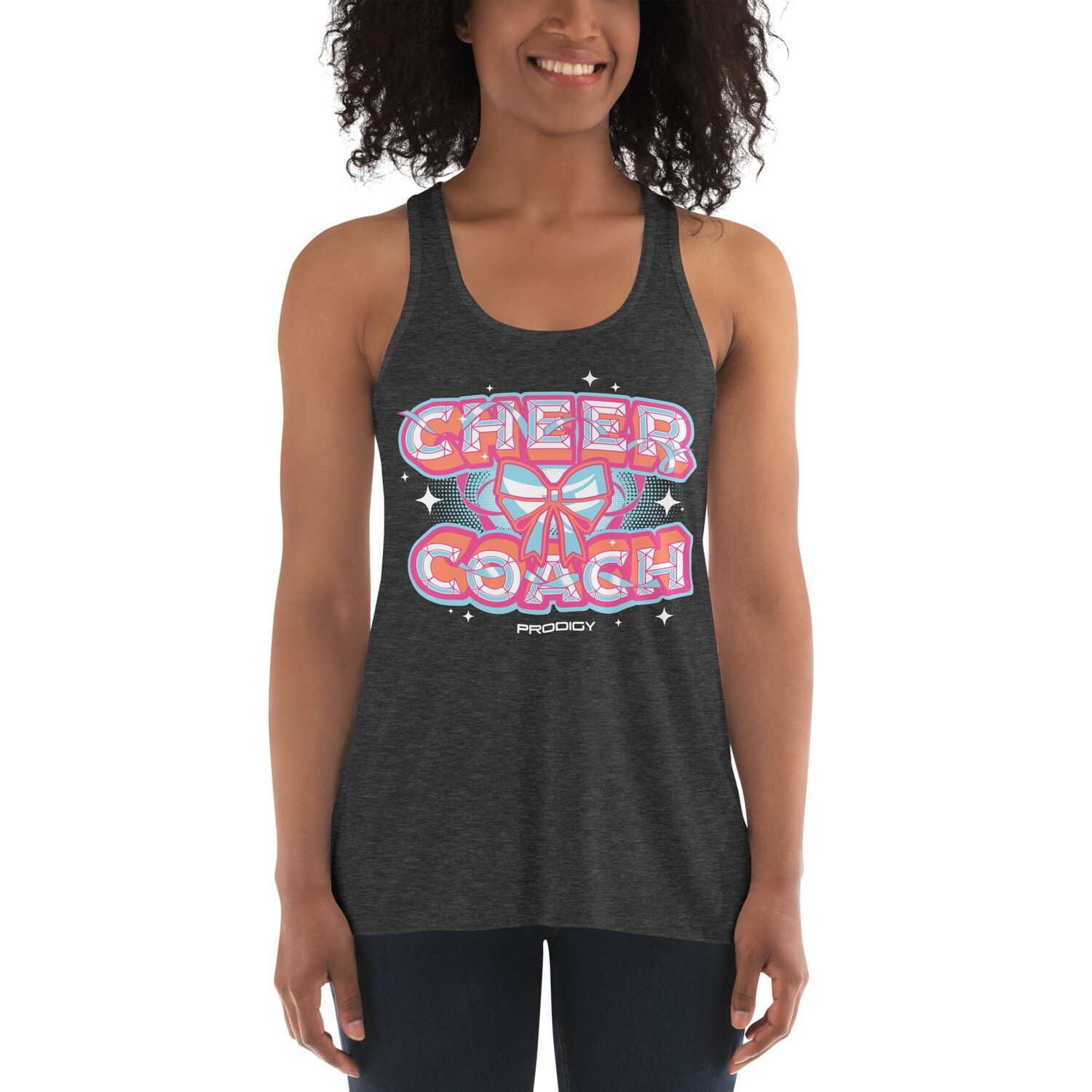 Women's Flowy Racerback Tank (Cheer Coach Bow) Women's Flowy Racerback Tank (Cheer Coach Bow), Color: Dark Grey Heather, Size: XS