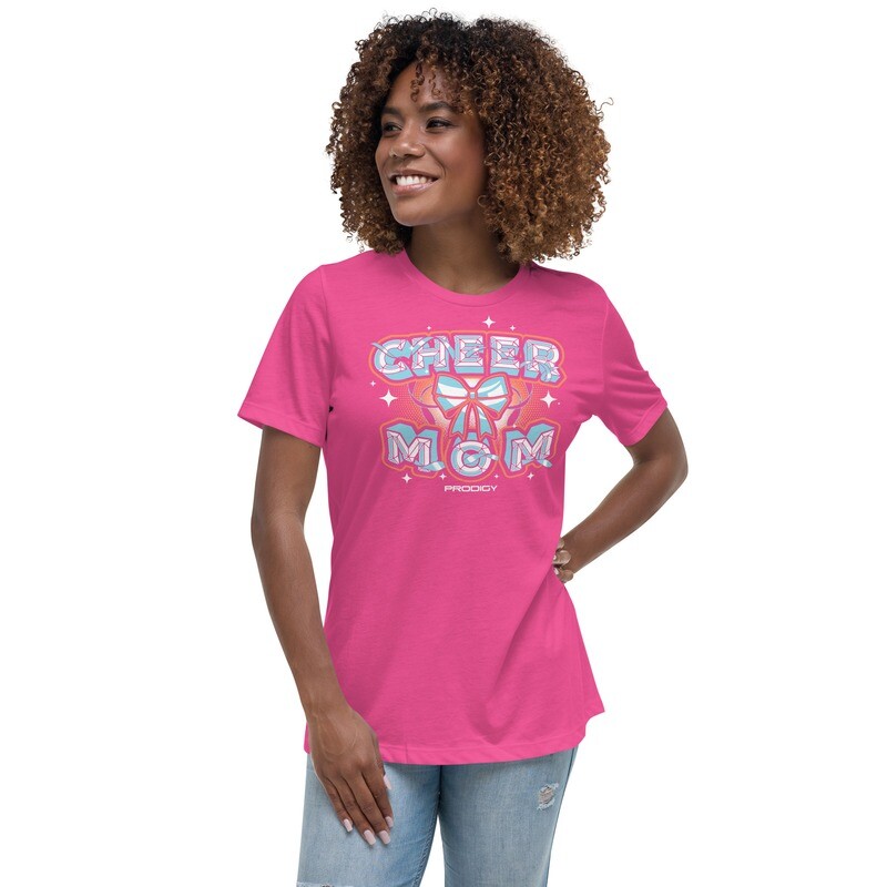 Women&#39;s Relaxed T-Shirt (Cheer Mom Bow), Color: Berry, Size: S