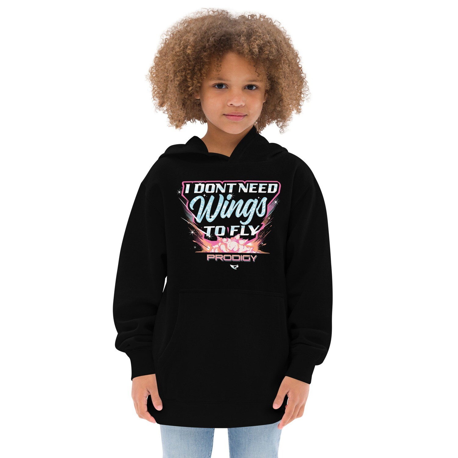 Kids Fleece Hoodie (Dont Need Wings), Color: Black, Size: S