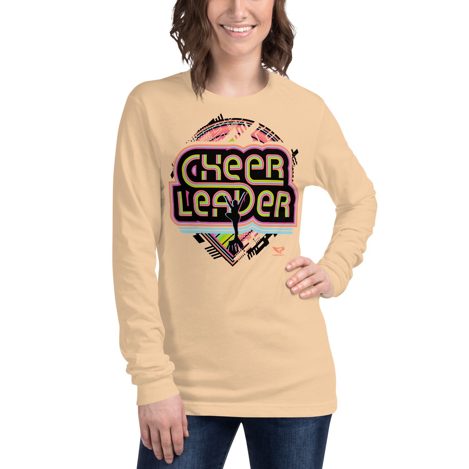Unisex Long Sleeve Tee (Retro-Tech Cheerleader), Color: Sand Dune, Size: XS