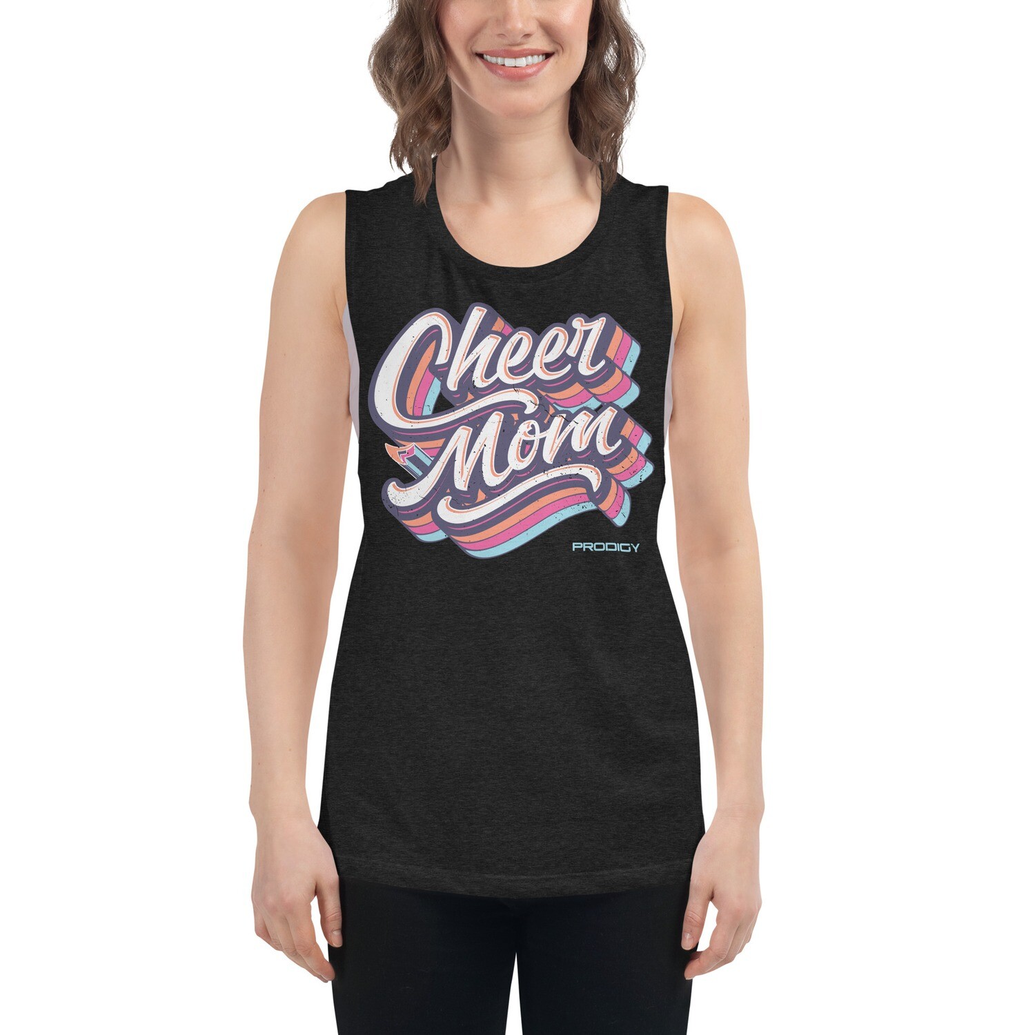 Ladies’ Muscle Tank (Cheer Mom Trail) Ladies’ Muscle Tank (Cheer Mom Trail), Color: Black Heather, Size: S