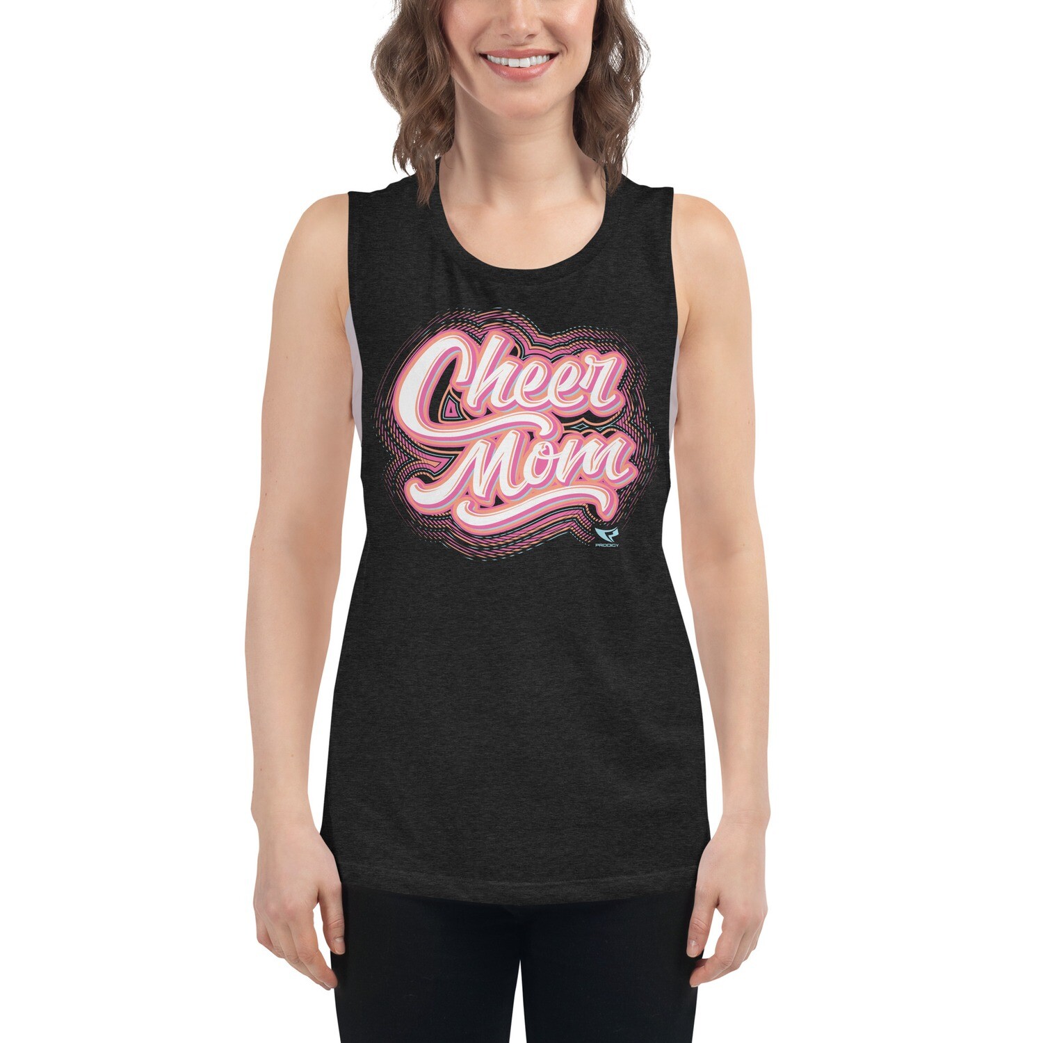Ladies’ Muscle Tank (Cheer Mom Vibes), Color: Black Heather, Size: S