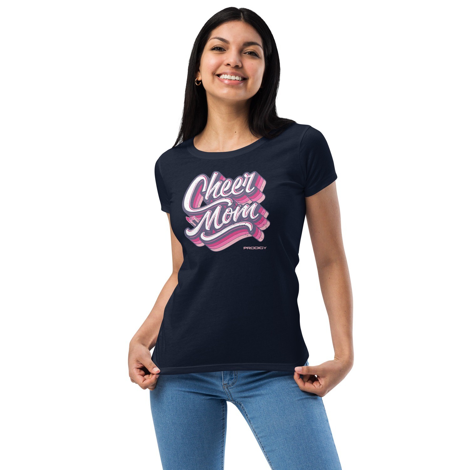 Women’s Fitted T-shirt (Cheer Mom Trail-Pink), Color: Midnight Navy, Size: XS