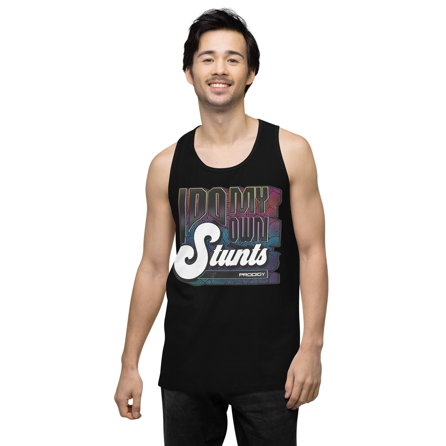 Men’s Premium Tank Top (My Own Stunts), Color: Black, Size: S