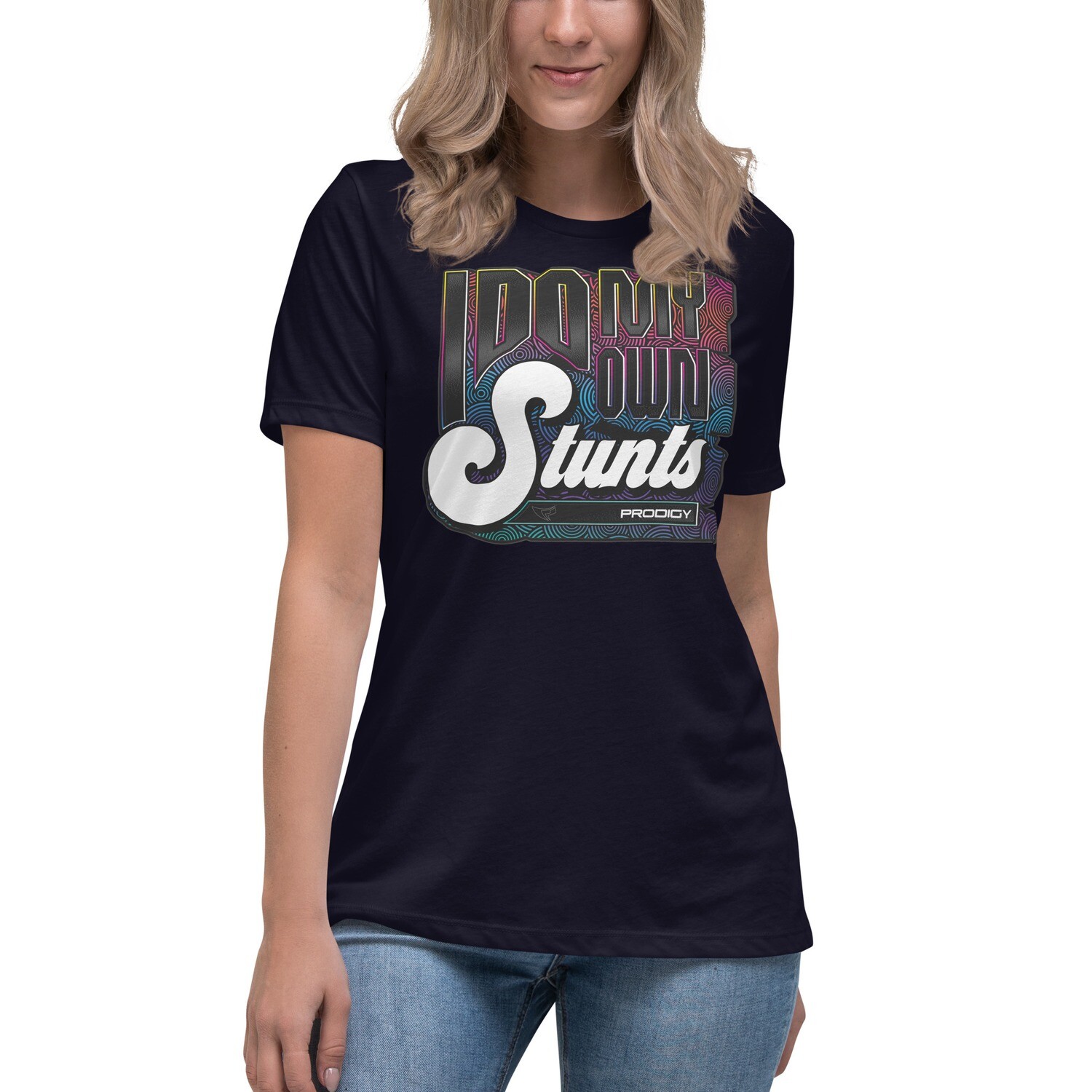 Women's Relaxed T-Shirt (My Own Stunts), Color: Navy, Size: S