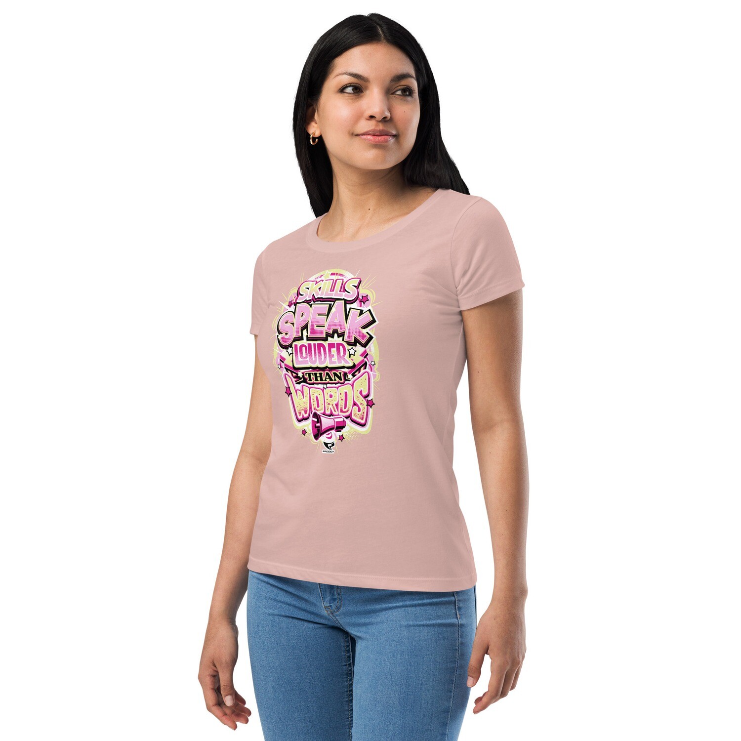 Women’s Fitted T-shirt (Louder Than Words 2), Color: Desert Pink, Size: XS
