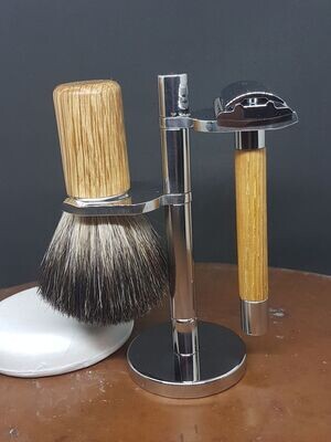 Exclusive Rasierset Edelstahl mit Eichenholz, Made in Germany