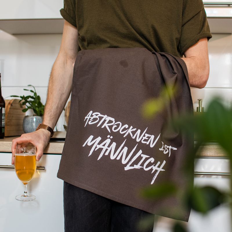 Geschirrtuch grau, "Abtrocknen ist männlich", weiss