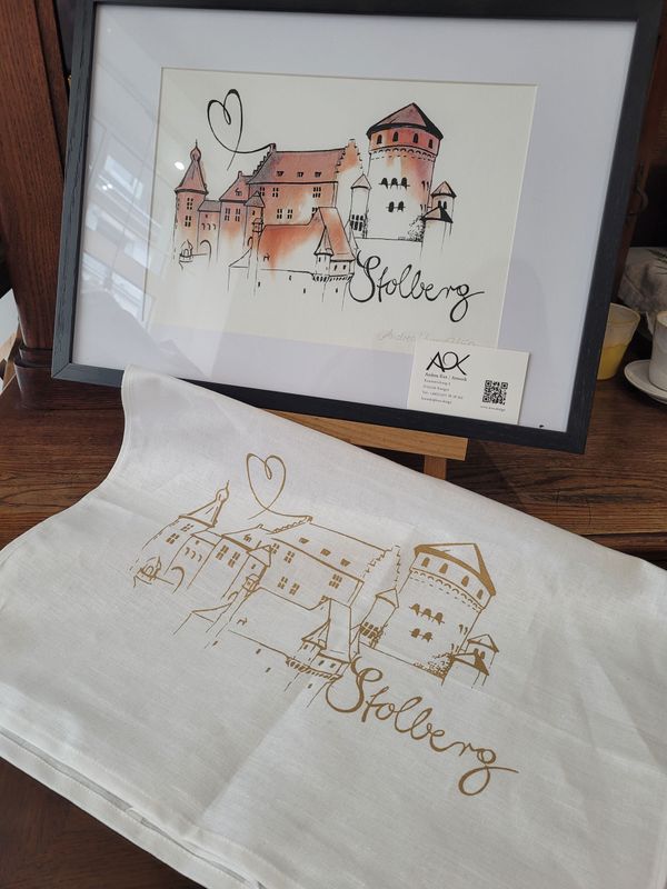 Geschirrtuch, Stolberg Burg, weiß - Halbleinen Geschirrtuch, Stolberg Burg, weiß - Halbleinen