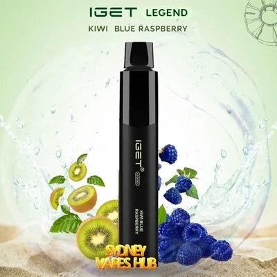 “IGET Legend Blackberry Ice Disposable Vape – Featuring a sleek black design with a cool icy blackberry theme. The Sydney Vapes Hub logo is placed at the bottom, with a vibrant background of blackberries, ice cubes, and water splashes, enhancing the fresh and fruity appeal.”
