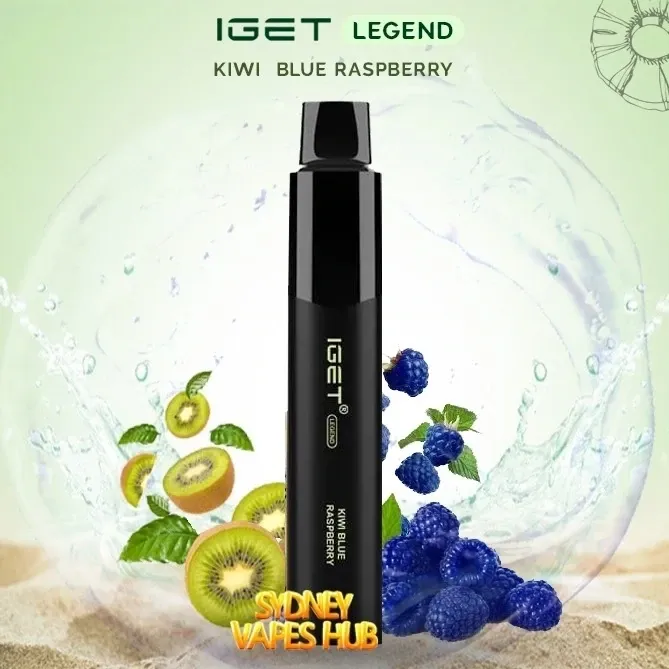 “IGET Legend Blackberry Ice Disposable Vape – Featuring a sleek black design with a cool icy blackberry theme. The Sydney Vapes Hub logo is placed at the bottom, with a vibrant background of blackberries, ice cubes, and water splashes, enhancing the fresh and fruity appeal.”
