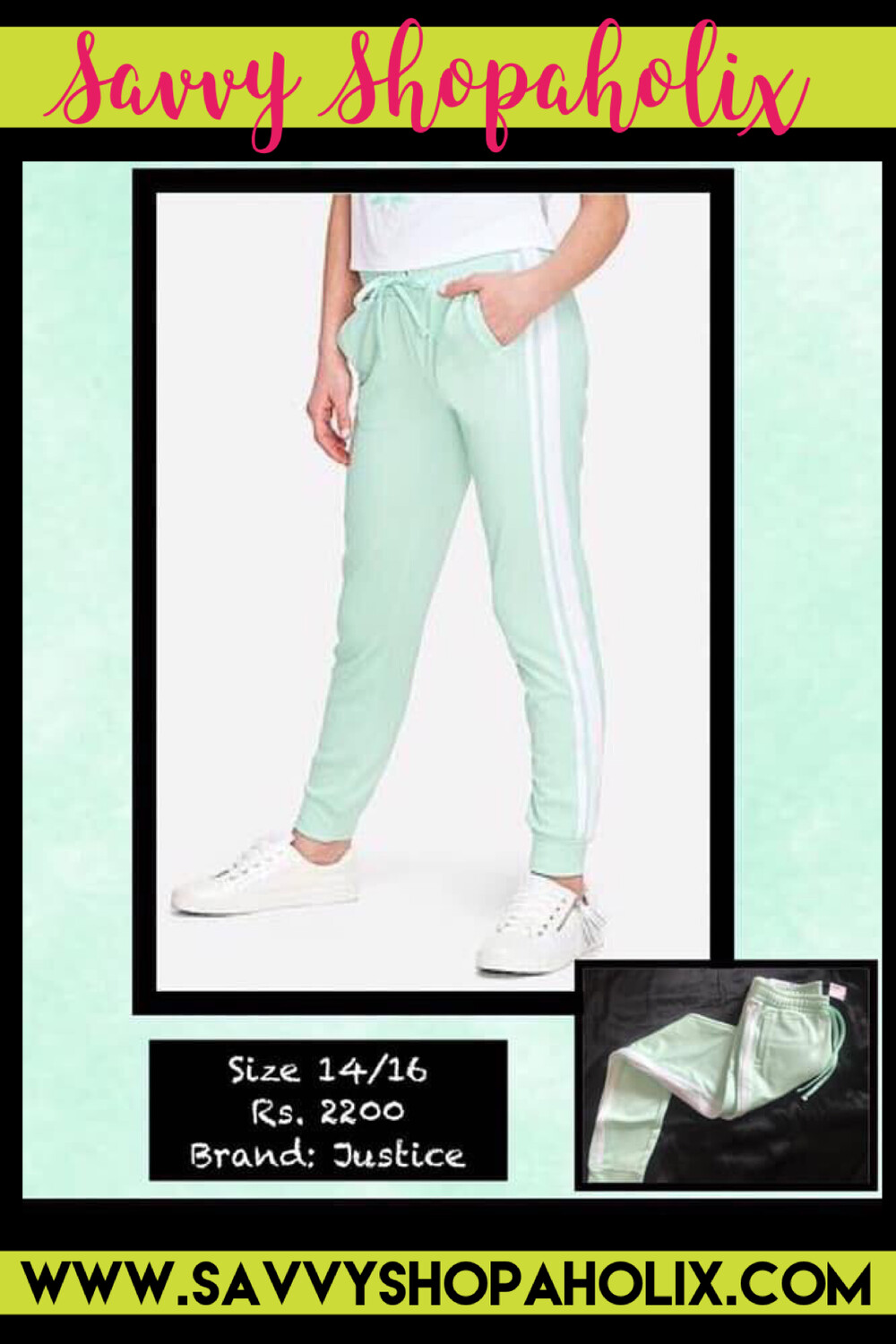 green track pants with red stripe