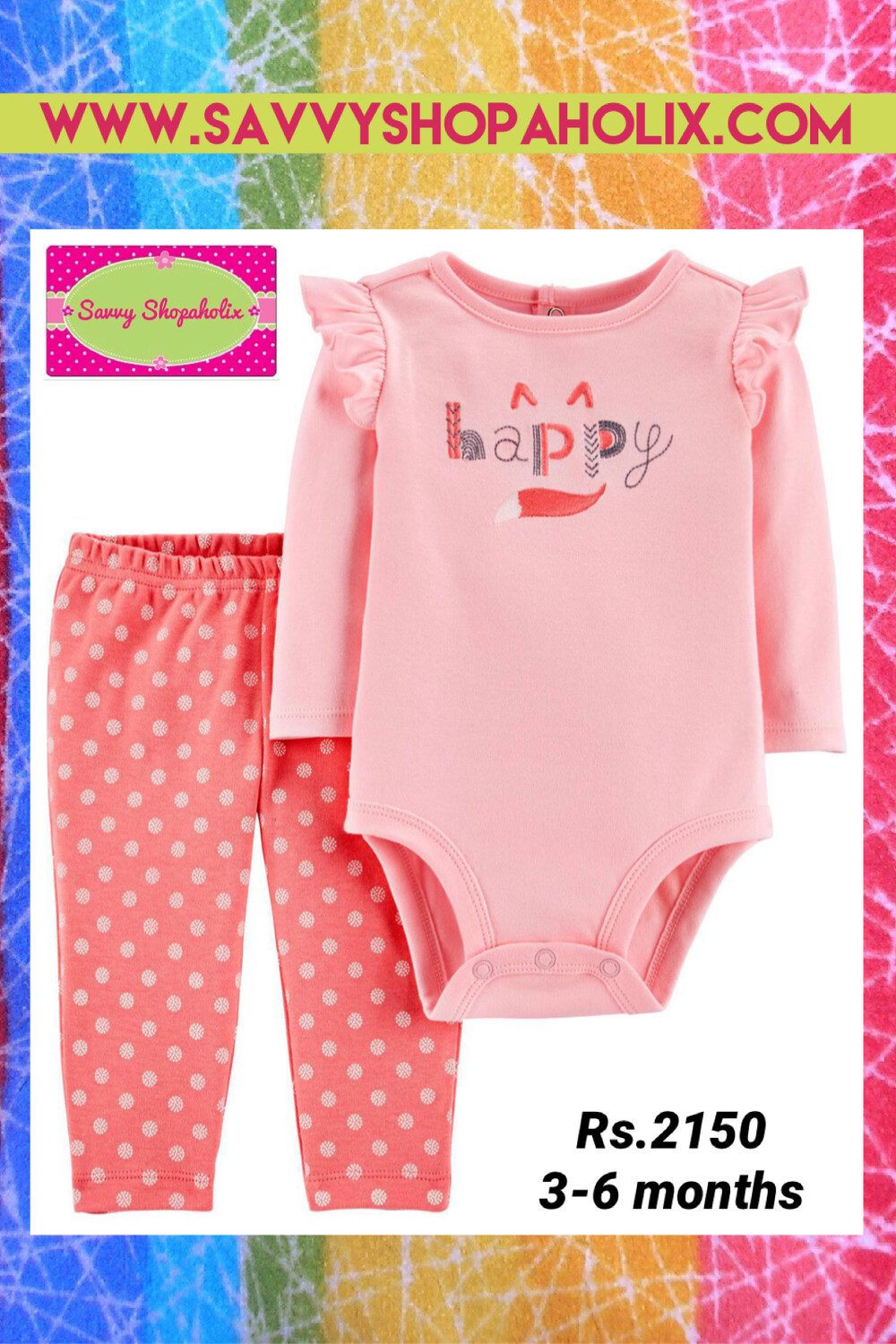 2pc Cotton Outfit By Carter’s- Happy, Size: 3-6 months
