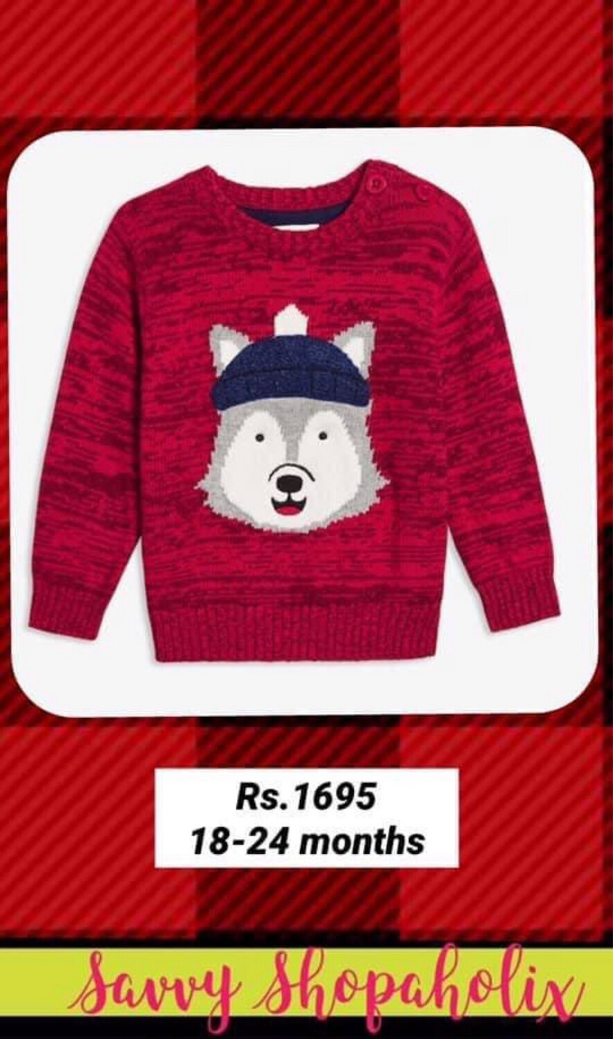 Red Woollen Wolf Sweater By Joe Fresh