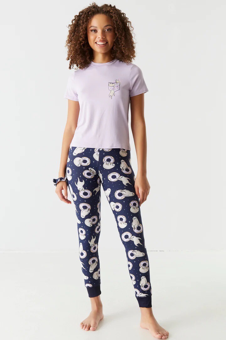 Soft 3-Piece Sloth Graphic T-Shirt, Scrunchie, And Legging Pajama Set