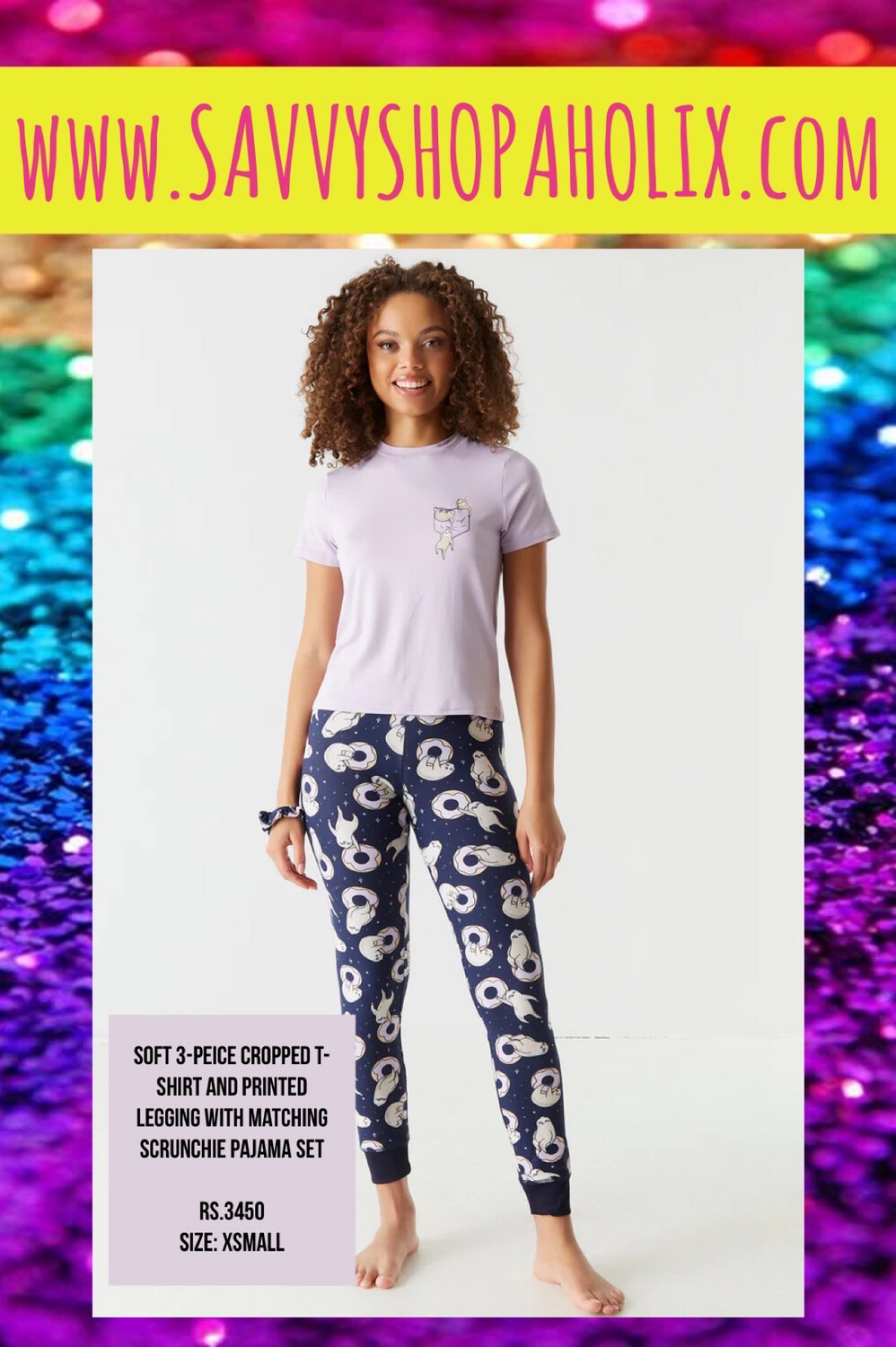 Soft 3-Piece Sloth Graphic T-Shirt, Scrunchie, And Legging Pajama Set