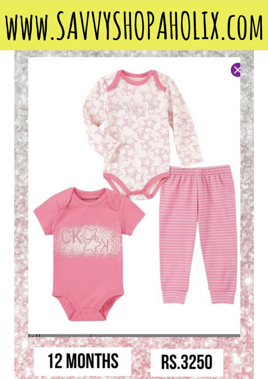 Pink &amp; Ivory Logo Star Bodysuit Set by Calvin Klein