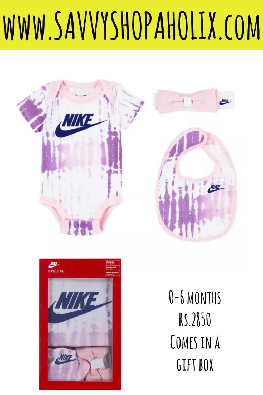 Nike Baby Girl 3pc Bodysuit + Bib And matching Hair Band Set