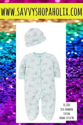 LITTLE ME Cotton Sleeper/romper With Matching Cap Flowers 