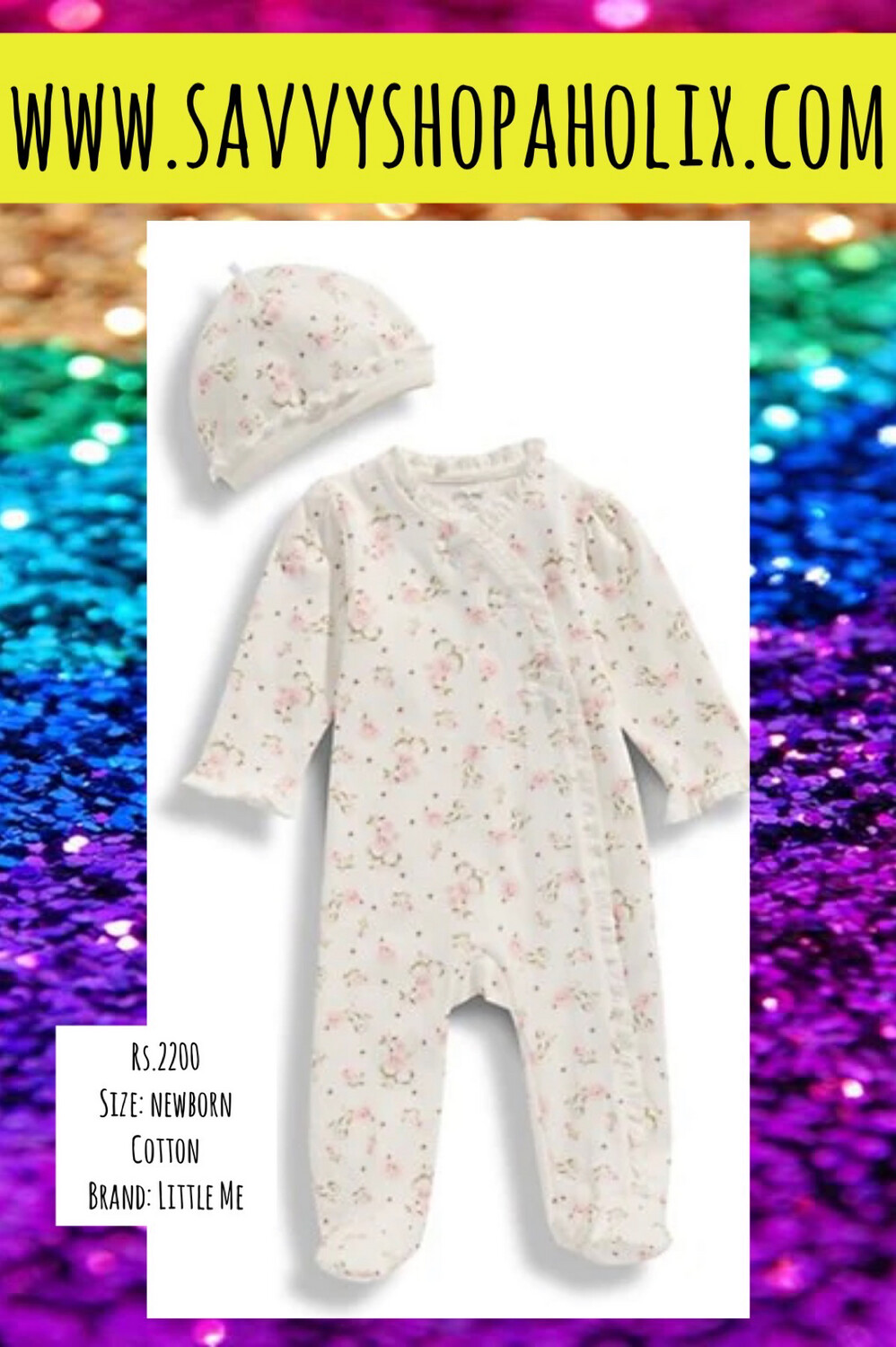 LITTLE ME Cotton Sleeper/Romper With Matching Cap Flowers