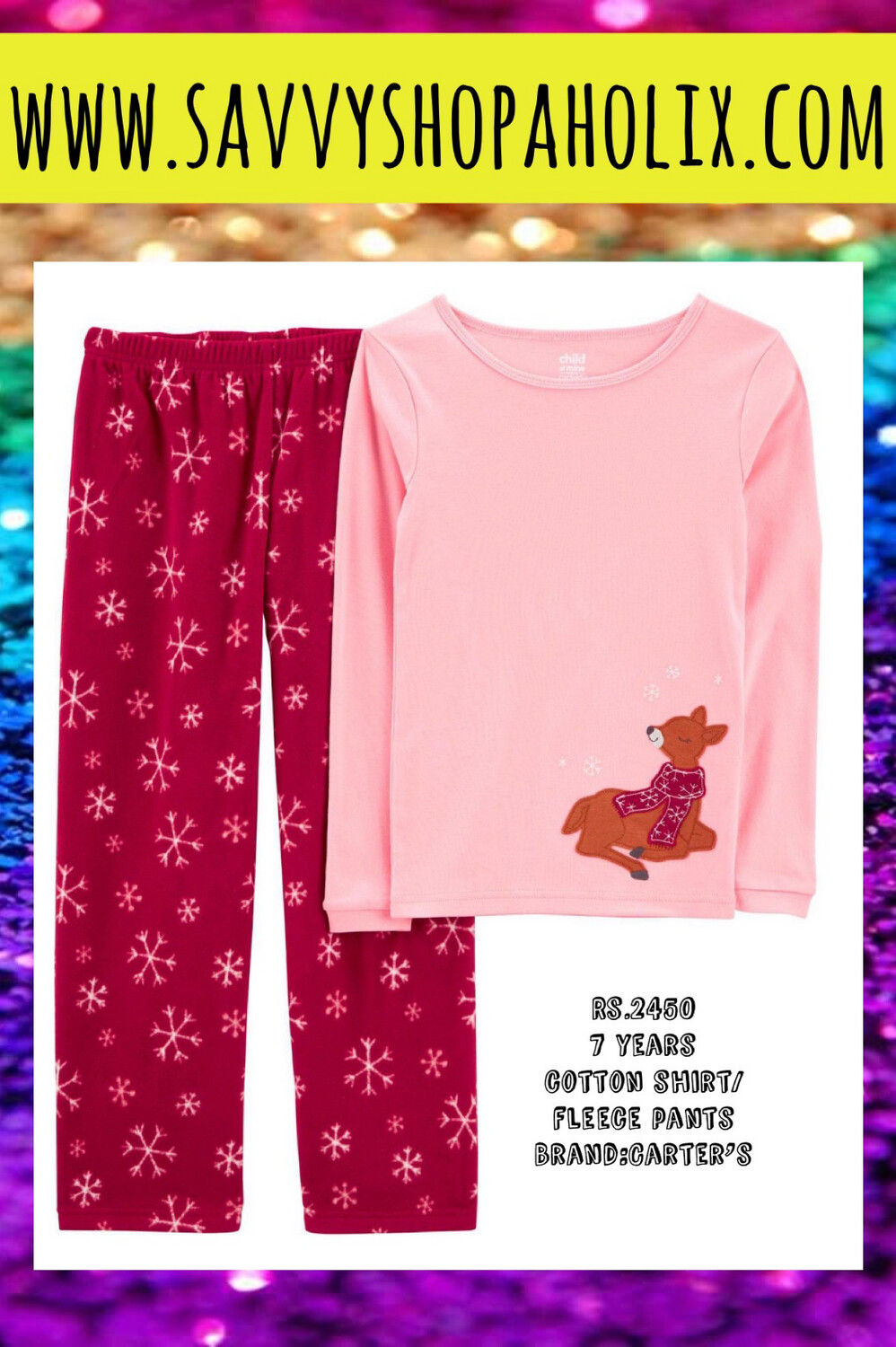 Carter’s Fleece Pants Cotton Shirt Night Suit- Deer