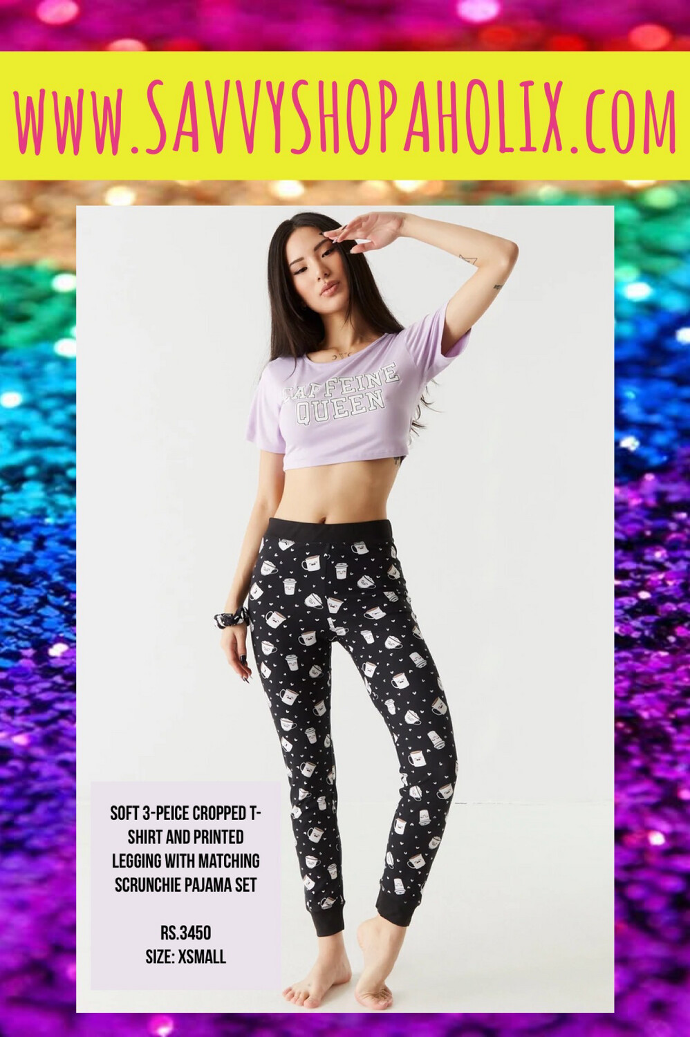 Soft 3-Piece Sloth Graphic Crop T-Shirt, Scrunchie, And Legging Pajama Set