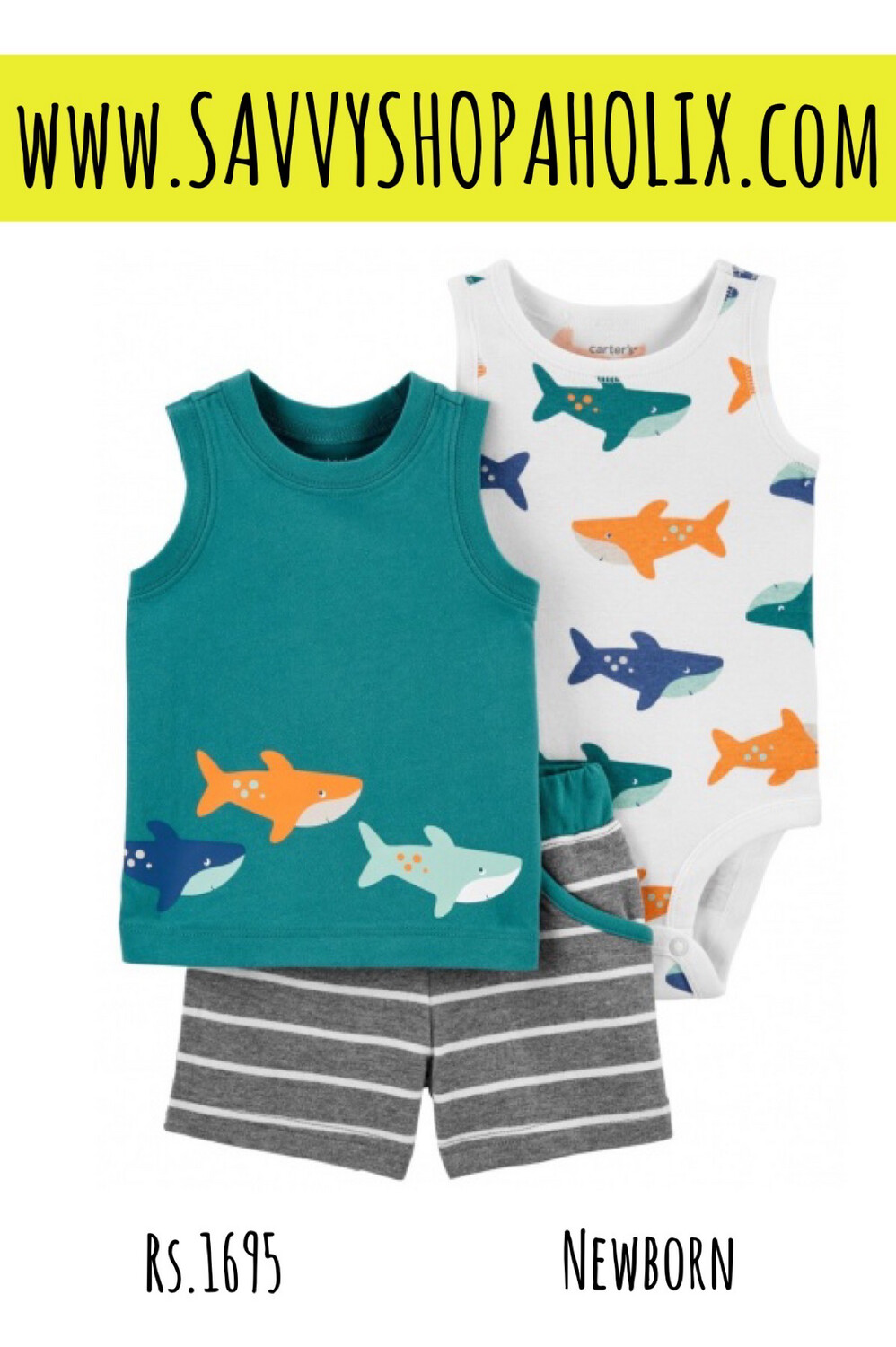 Carter’s 3pc Baby Boy Shorts Outfit- Fish