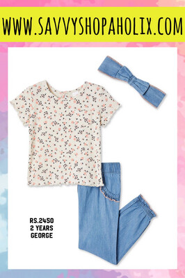 George Girls 3pc Chambray Pant, Top And Headband set