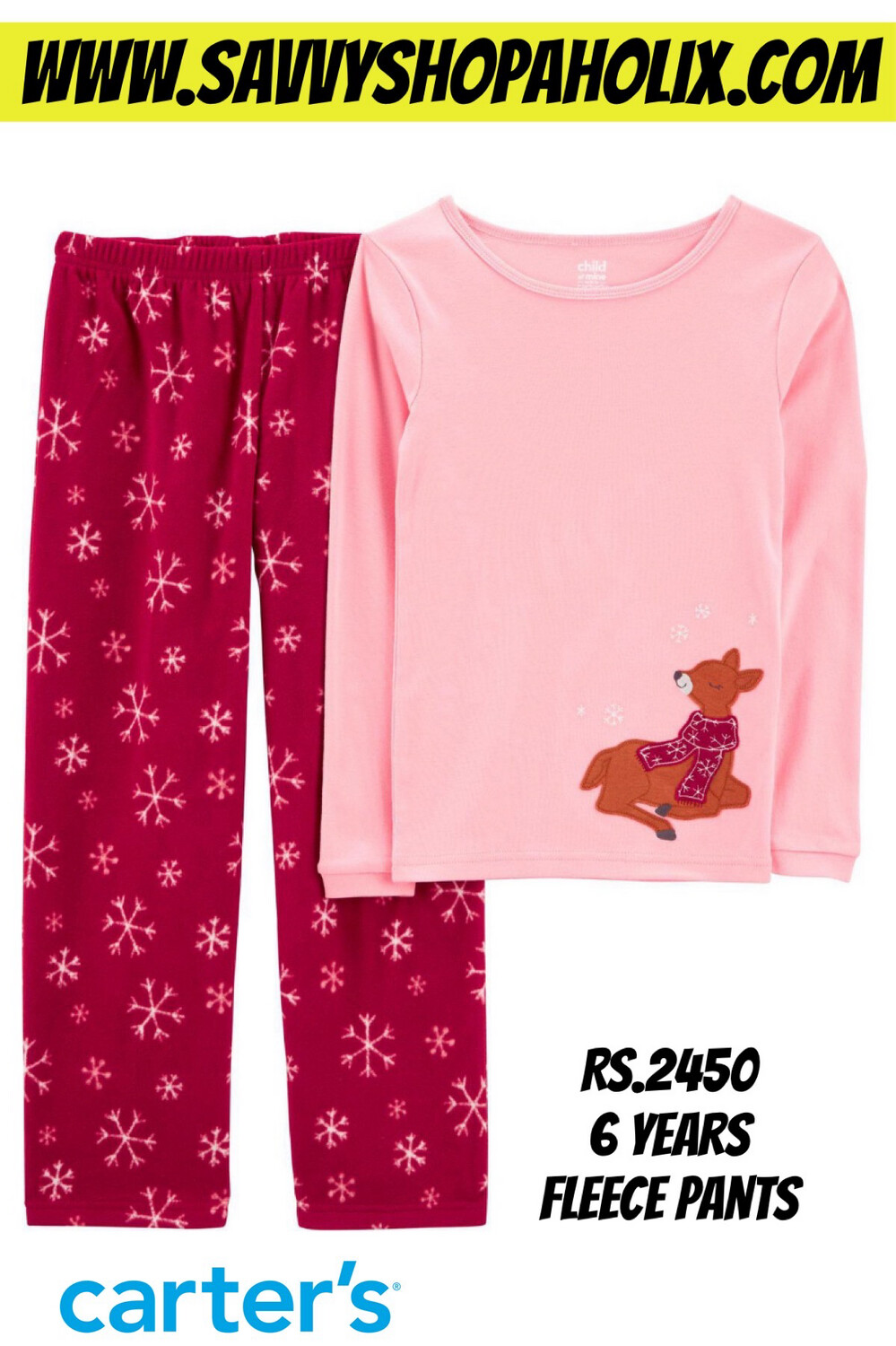 Carter’s Fleece Pants Cotton Shirt Night Suit- Deer, SIZE: 8 YEARS