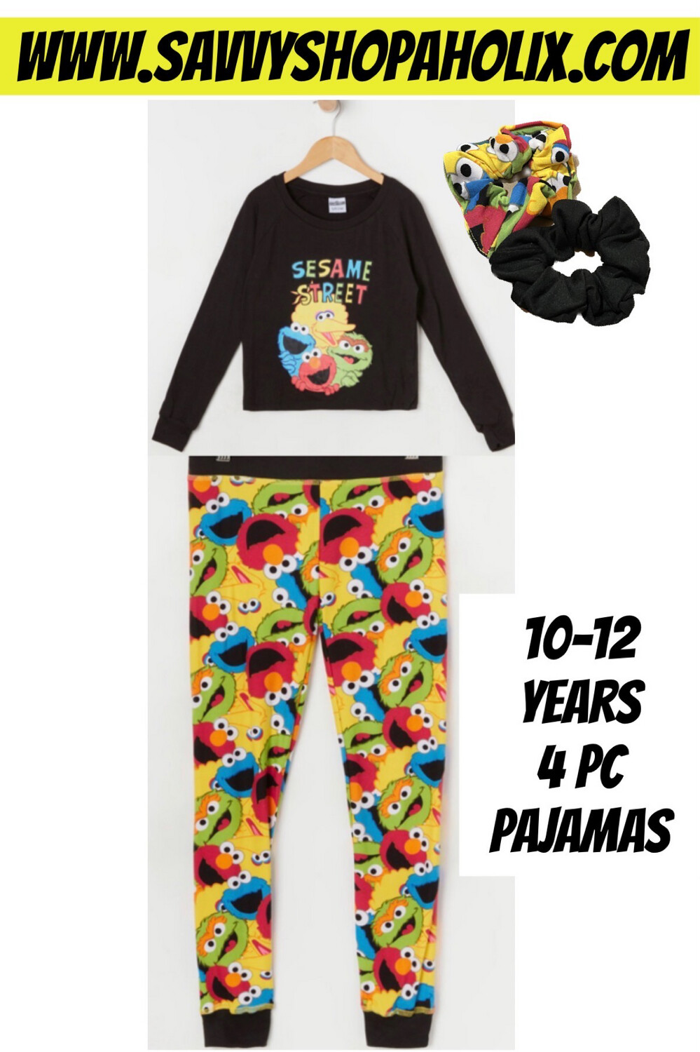 Sesame Street 4pc Pajamas- Matching Srunchies