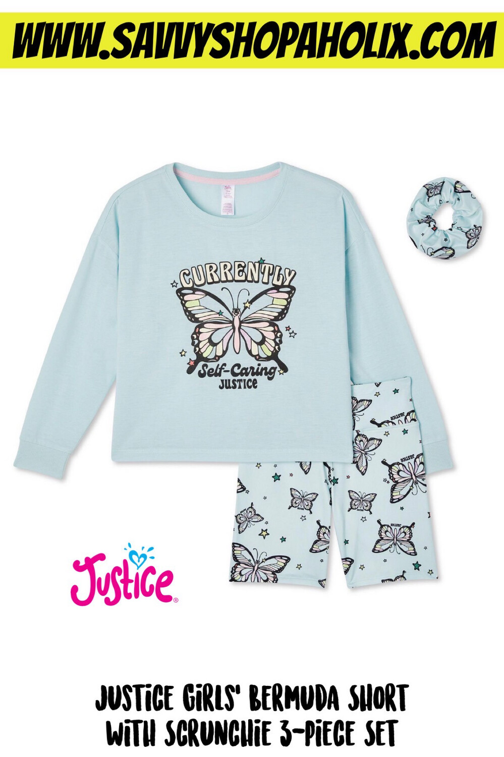 JUSTiCE GiRLS&#39; BERMUDA SHORT
WiTH SCRUNCHiE 3-PiECE SET