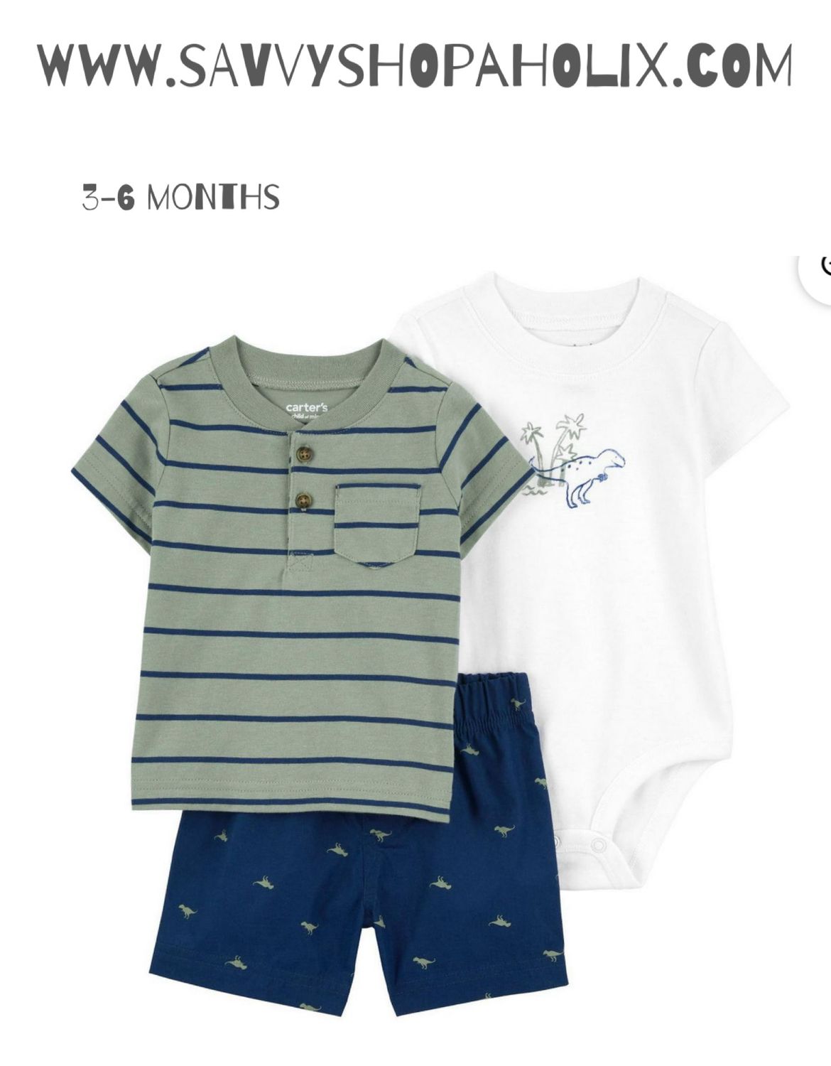 Carter’s 3pc Baby Boy Cotton Shorts Outfit- Hippo
