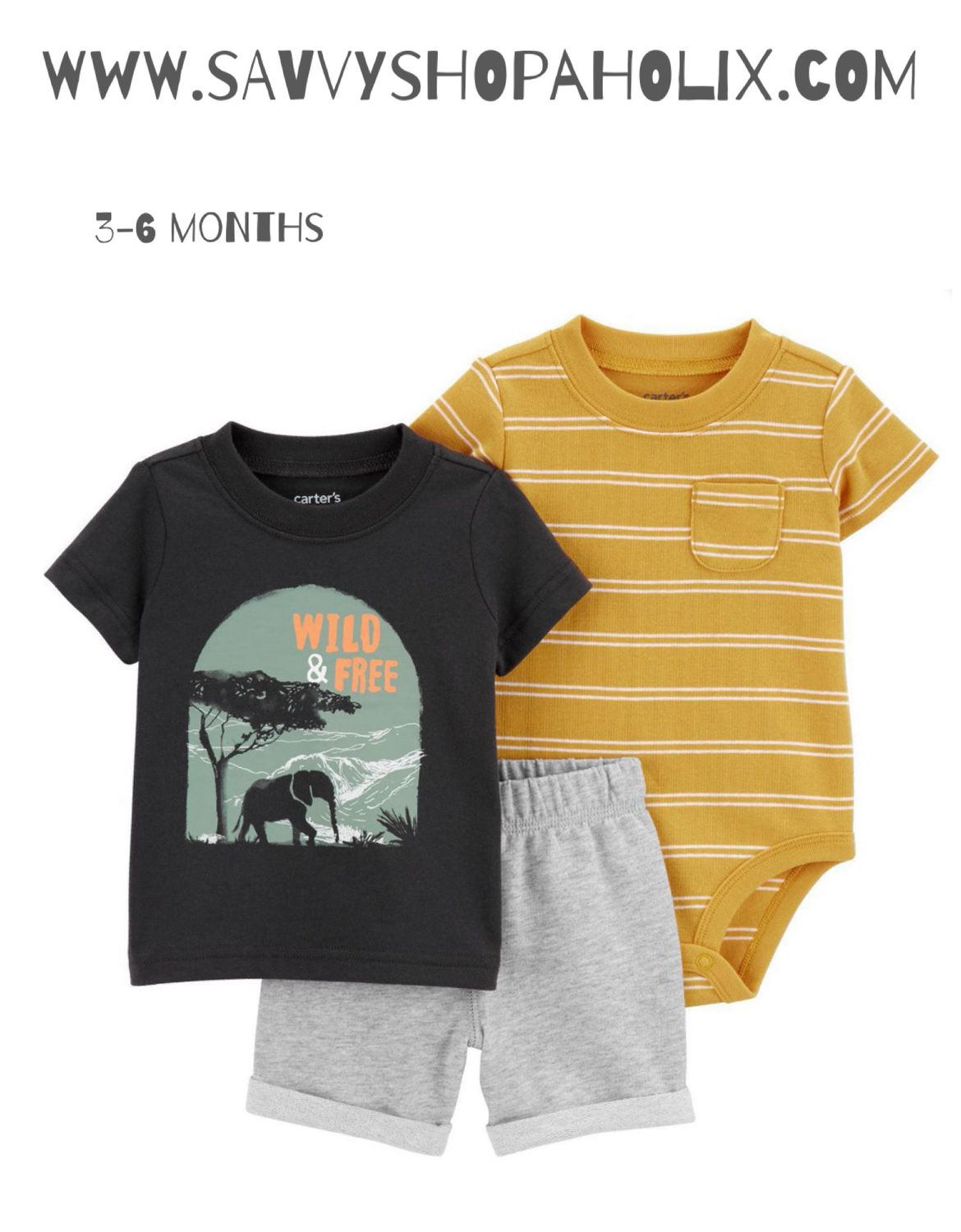 Carter’s 3pc Baby Boy Cotton Shorts Outfit- Hippo
