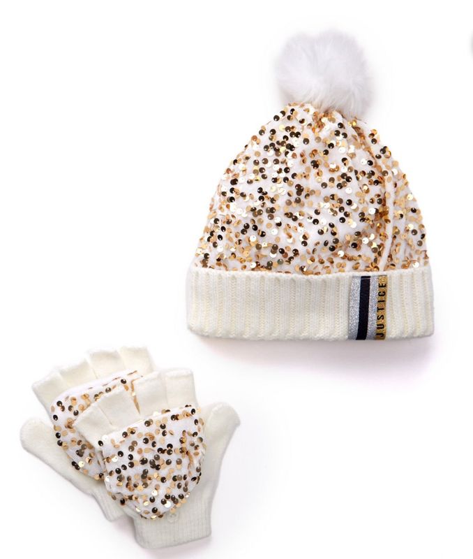 Fluff Sequin Beanie and Glove